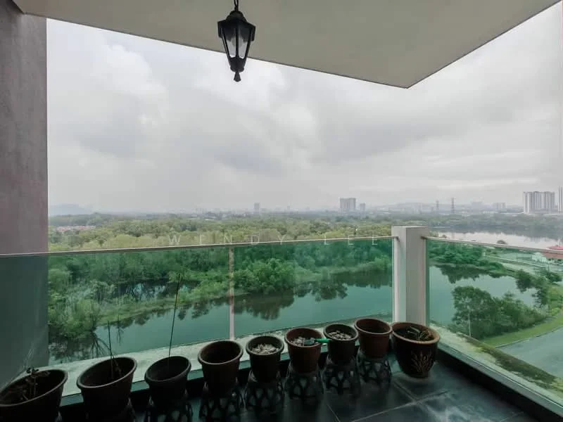 Room features: glass railing, concrete flooring, potted plants, outdoor view, city skyline view, waterfront view, overcast sky; style: modern; view: city.