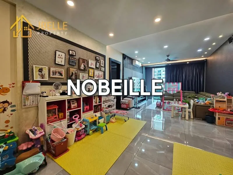 Living features: grey accent wall, cream painted walls, polished tile flooring, 5-blade ceiling fan with light, large windows with blackout curtains, TV console, wall-mounted TV, sofa in green, area rug, children's play area with toys, decorative wall with photo frames, yellow play mats; style: modern.