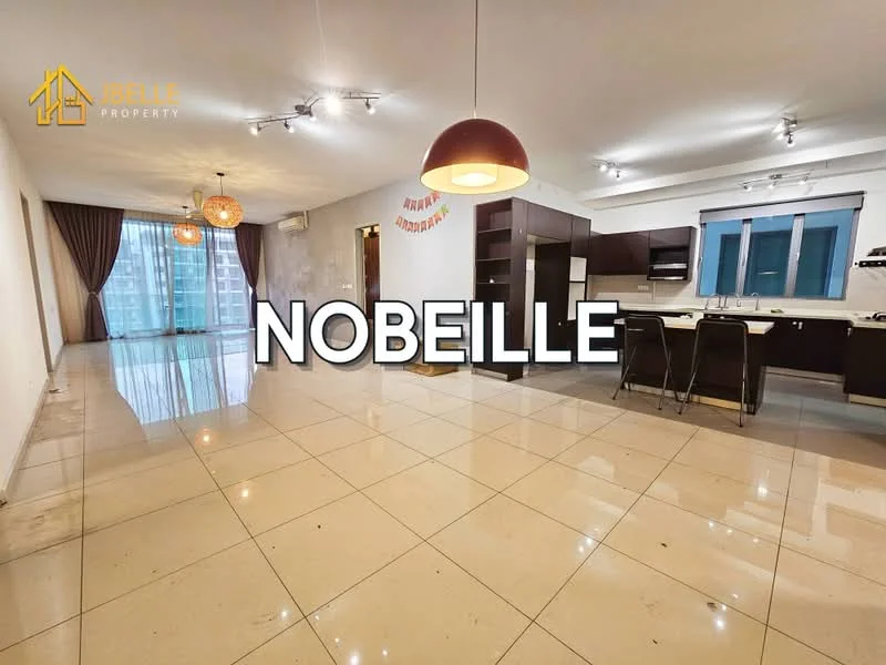 Living features: large floor-to-ceiling windows, cream marble tile flooring, recessed downlights, open-plan layout, neutral wall colour, dining area adjacent to kitchen, kitchen island with seating, sliding glass door to balcony, decorative wall with hanging decor; style: modern; view: city.