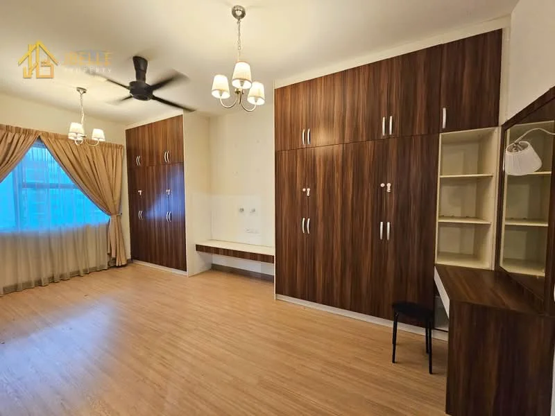 Bedroom features: wooden flooring, ceiling fan, built-in wardrobe with wood finish, wall-mounted mirror, dressing table, curtains, window with view, sitting area with bench; style: modern.