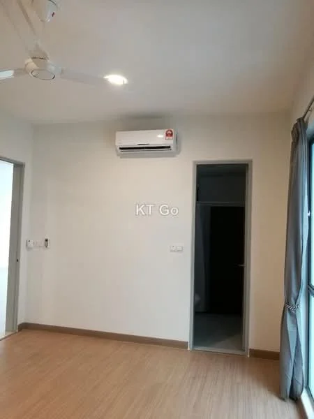 Room features: white painted walls, laminate flooring, 1 wall-mounted split AC, recessed downlights, curtains, doorway leading to another room.