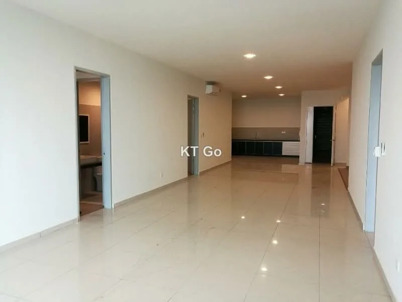 Room features: cream painted walls, polished ceramic tile flooring, recessed downlights, 1 wall-mounted split AC, open layout, doorway leading to bathroom, doorway leading to kitchen, large windows, neutral color scheme; style: modern.