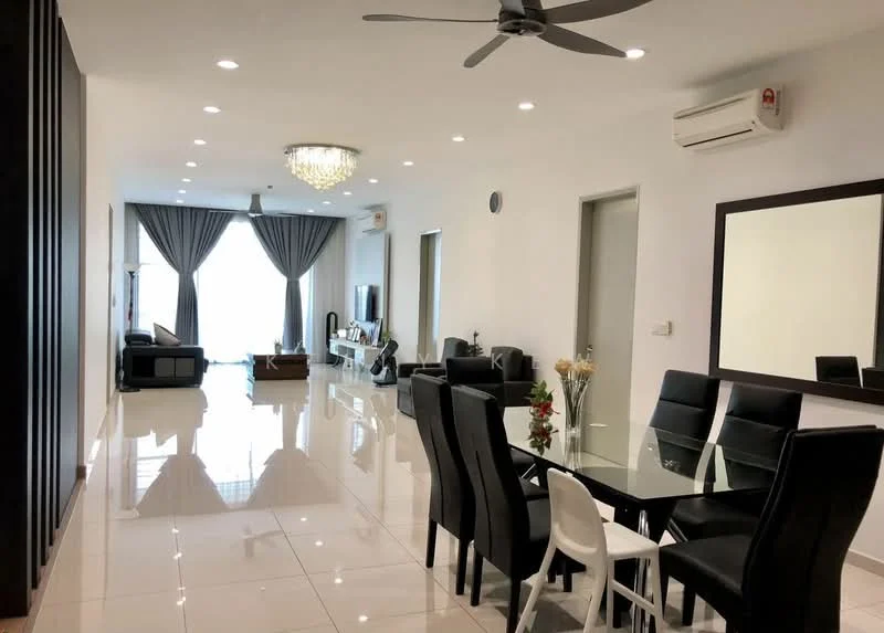 Living features: 5-blade ceiling fan with light, chandelier, white painted walls, glossy tile flooring, floor-to-ceiling windows, grey curtains, black leather sofa, TV console, wall-mounted TV, decorative mirror, area rug, coffee table; style: modern; view: city. Dining features: 6-seater dining table, black dining chairs, white chair, decorative vase, wall-mounted air conditioning unit; style: modern.