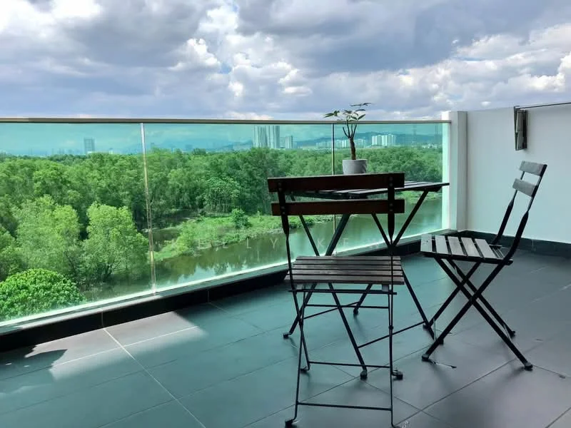 Balcony features: glass railing, black tiled flooring, small round table, two folding chairs, potted plant, view of greenery, view of water, city skyline in background; style: modern; view: garden.