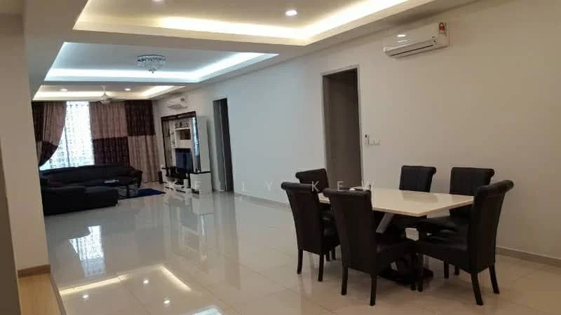 Dining features: 6-seater dining table, black upholstered dining chairs, white tabletop, recessed downlights, polished tile flooring, air conditioning unit on wall; style: modern. Living features: 3-seater fabric sofa in dark blue, coffee table, TV console, wall-mounted TV, curtains with floral pattern, large window with sheer curtains, recessed ceiling lights, polished tile flooring; style: modern.