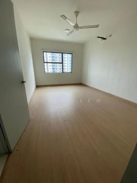 Room features: white painted walls, laminate flooring, ceiling fan, floor-to-ceiling window, window treatments not visible, light source from window, empty room, no visible furniture.