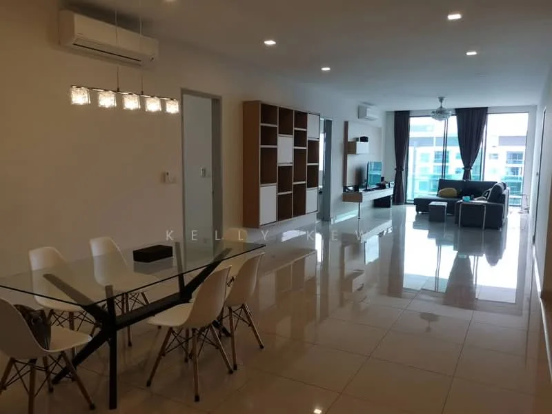 Living features: glossy tile flooring, white painted walls, recessed downlights, 5-blade ceiling fan, floor-to-ceiling windows, blackout curtains, TV console, wall-mounted TV, sofa in black, coffee table, decorative shelving unit, dining table with white chairs; style: modern; view: city.