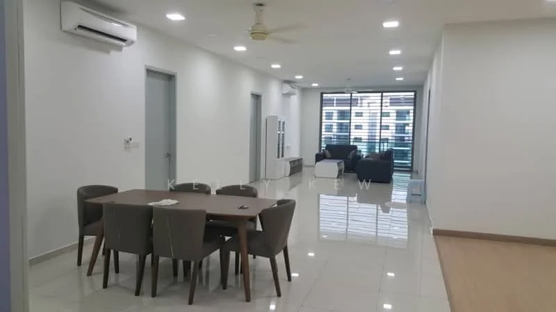 Living features: white painted walls, glossy ceramic tile flooring, 5-blade ceiling fan with light, recessed LED downlights, floor-to-ceiling windows, sliding glass door, sofa in dark grey fabric, coffee table, TV console, dining table with 6 chairs, wall-mounted TV, decorative wall art; style: modern; view: city.