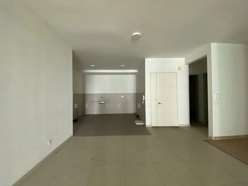 Room features: white painted walls, tile flooring, recessed downlights, single-bowl stainless-steel sink, door, open space layout; style: modern.
