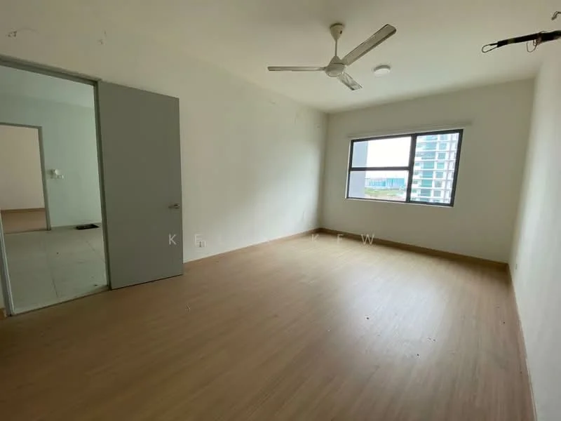 Room features: light wood laminate flooring, white painted walls, ceiling fan, large window with city view, door leading to another room, no visible furniture; view: city.