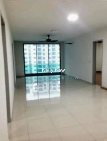 Living features: white painted walls, glossy tile flooring, 5-blade ceiling fan with light, floor-to-ceiling windows, sliding glass door, natural light, open layout, reflected light on floor; style: modern; view: city.
