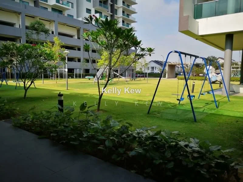 Exterior type: landscape garden; features: manicured lawn, playground with swings, landscaped greenery, paved walkway, trees, outdoor seating area, surrounding residential buildings; style: modern.