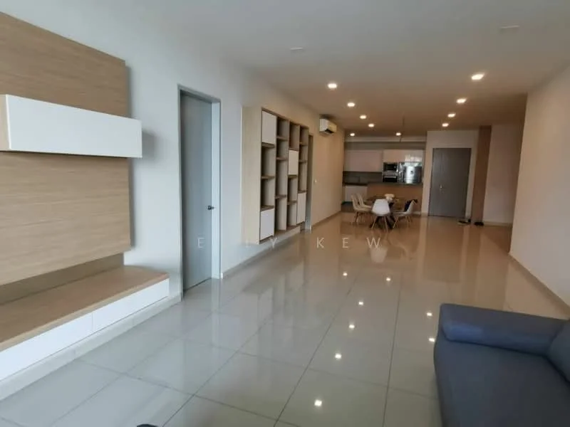 Living features: glossy ceramic tile flooring, white painted walls, built-in wooden shelving unit, wall-mounted TV console, recessed LED downlights, air conditioning unit, sofa in grey fabric, dining table with chairs, open layout to kitchen, large windows for natural light; style: modern. Kitchen features: stainless-steel appliances, kitchen island, white cabinetry, granite countertop, built-in oven, refrigerator, 4-burner gas hob, ventilation hood; style: modern.