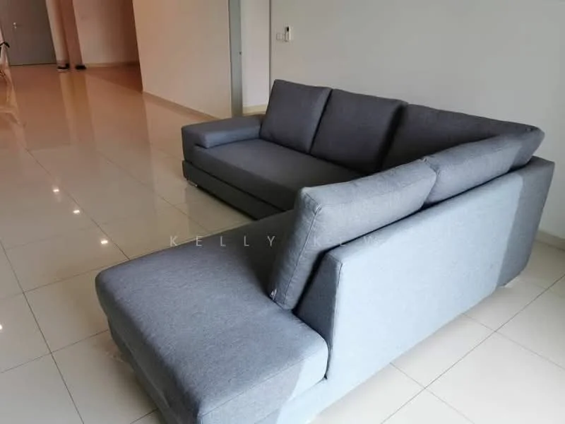 Living features: L-shape sectional sofa in grey, polished ceramic tile flooring, white painted walls, recessed downlights, large open space, neutral color palette; style: modern.