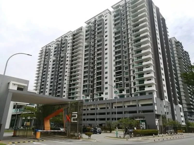 Exterior type: high-rise condominium; features: glass curtain wall, white painted facade, black accent panels, recessed balconies, multiple storeys, landscaped entrance area, manicured lawn, parking deck, surrounded by greenery; style: modern.