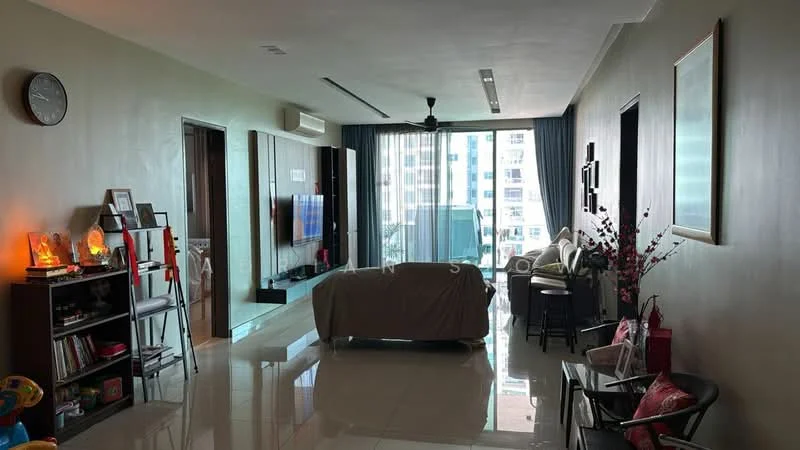 Living features: cream painted walls, glossy marble tile flooring, 5-blade ceiling fan with light, floor-to-ceiling windows, sliding glass door, curtains, wall-mounted TV, TV console, sofa with throw blanket, coffee table, decorative wall art, shelves with decor items, area rug, decorative plants; style: modern; view: city.