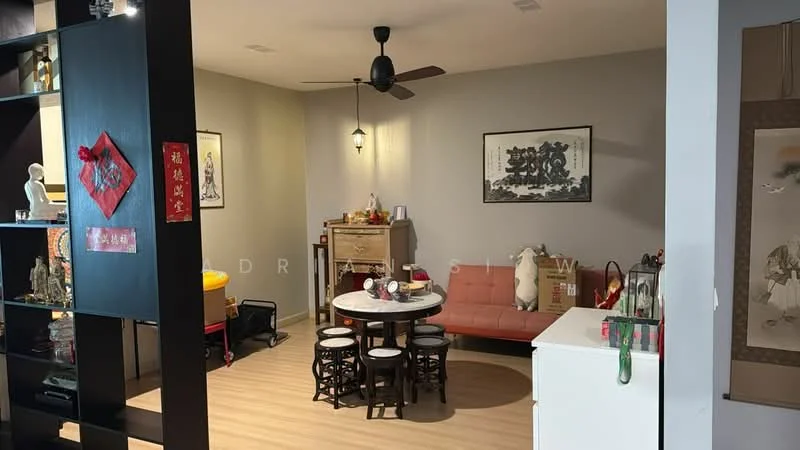 Living features: light wood flooring, grey painted walls, 5-blade ceiling fan with light, round dining table, 4 wooden stools, 2-seater sofa in orange, decorative wall art, sideboard cabinet, wall-mounted artwork, shelf unit with decorative items; style: modern.