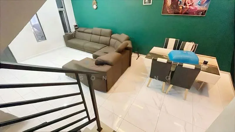 Living features: grey fabric sectional sofa, white marble tile flooring, green painted walls, wall-mounted artwork, glass dining table with black and white chairs, decorative wall clock, large windows with natural light, staircase with black railing; style: modern.
