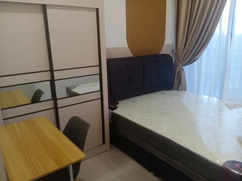 Bedroom features: queen-size bed, upholstered headboard, wooden bedside table, grey fabric chair, built-in wardrobe with sliding doors, floor-to-ceiling window, sheer curtains, tile flooring; style: modern.