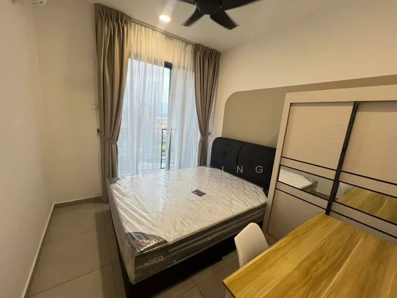 Bedroom features: queen-size bed with mattress, upholstered headboard, floor-to-ceiling window, sheer curtains, tile flooring, ceiling fan, study desk, white painted walls, built-in wardrobe with sliding doors, wooden dining table, white chair; style: modern; view: city.