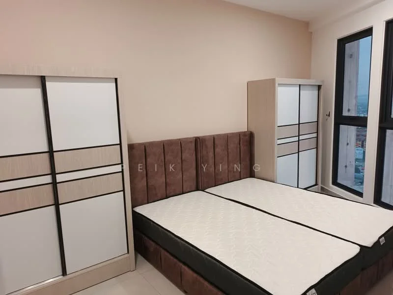 Bedroom features: two single beds with upholstered headboards, white mattress with patterned cover, two built-in wardrobes with white and wood finish, cream painted walls, large windows with black frames, tile flooring, minimalist decor; style: modern; view: city.