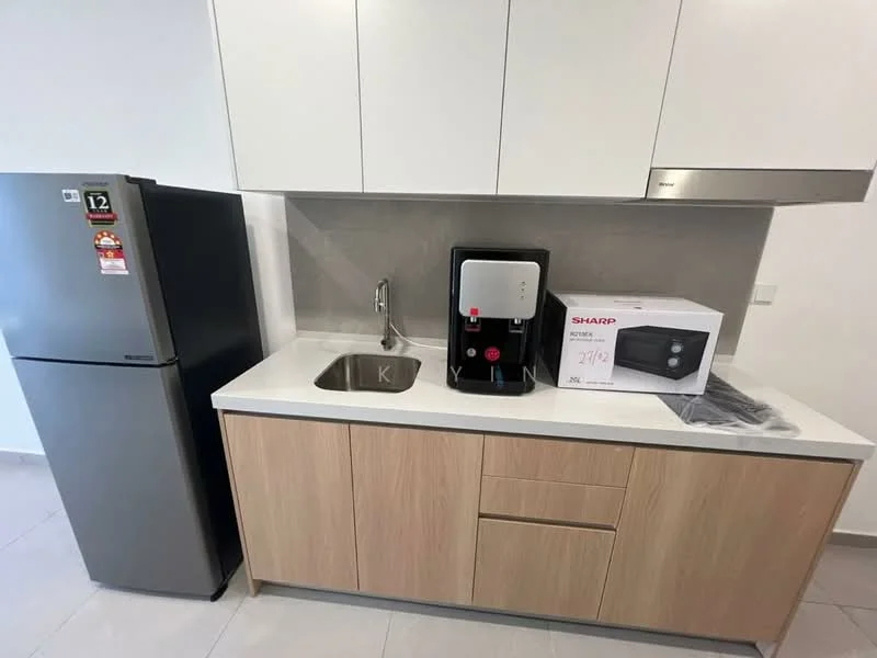 Kitchen features: stainless-steel single-bowl sink, chrome pull-down faucet, white quartz countertop, wood cabinetry with flat-panel design, grey tile backsplash, built-in oven, stainless-steel fridge, water dispenser, microwave, ceramic tile flooring, recessed downlights; style: modern.