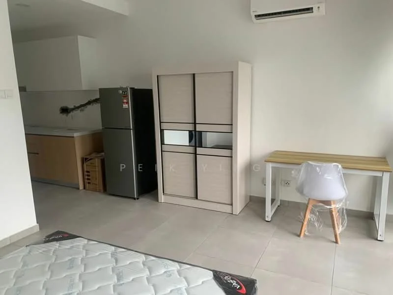 Room features: grey tiled flooring, white painted walls, built-in wardrobe with glass panels, wooden dining table, white plastic chair, stainless-steel fridge, kitchen cabinetry, air conditioning unit; style: modern.
