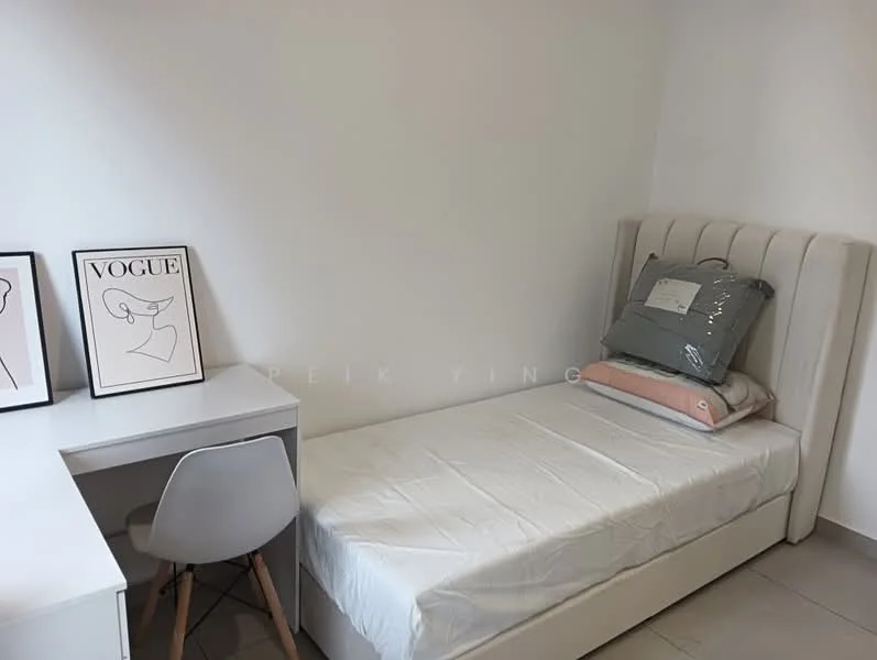 Bedroom features: single bed with upholstered headboard, white bedding, white walls, grey floor tiles, desk with white surface, white chair, framed artwork on wall, decorative pillow; style: modern.