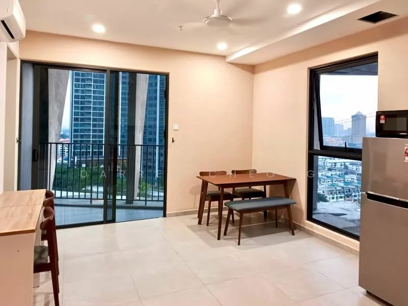 Dining features: dining table with four chairs, floor-to-ceiling windows, grey tiled flooring, light beige painted walls, ceiling fan, refrigerator, balcony access, view of city skyline; style: modern; view: city.
