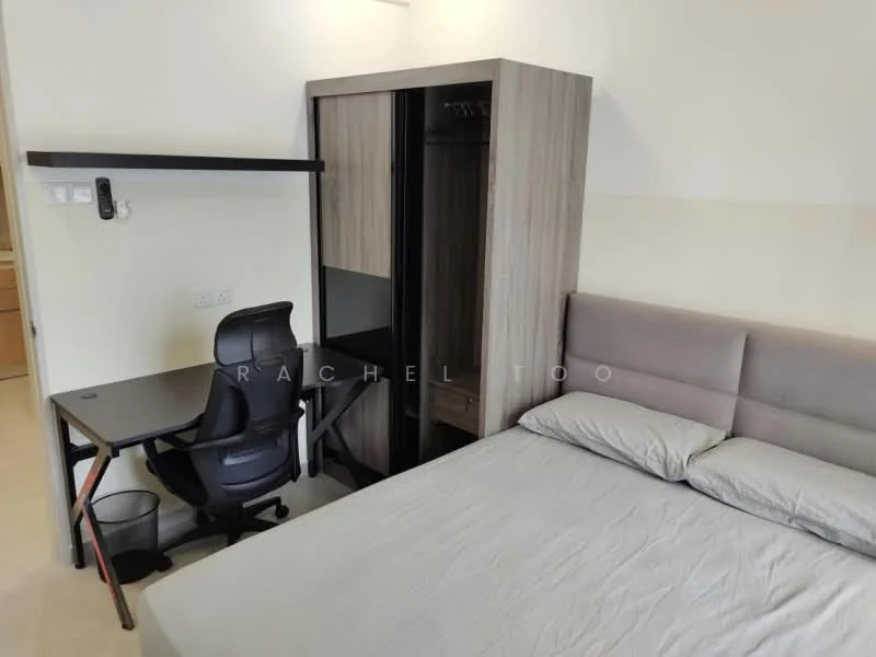 Bedroom features: queen-size bed with grey bedding, upholstered headboard, wooden wardrobe with sliding doors, study desk with ergonomic chair, wastebasket, wall-mounted shelf, neutral wall color, light-colored flooring; style: modern.