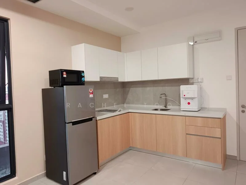 Kitchen features: white upper cabinets, wood lower cabinets, grey countertop, single-bowl stainless-steel sink, chrome pull-down faucet, built-in microwave, stainless-steel fridge, ceramic tile flooring, wall-mounted air conditioning unit, window with city view, recessed downlights; style: modern; view: city.