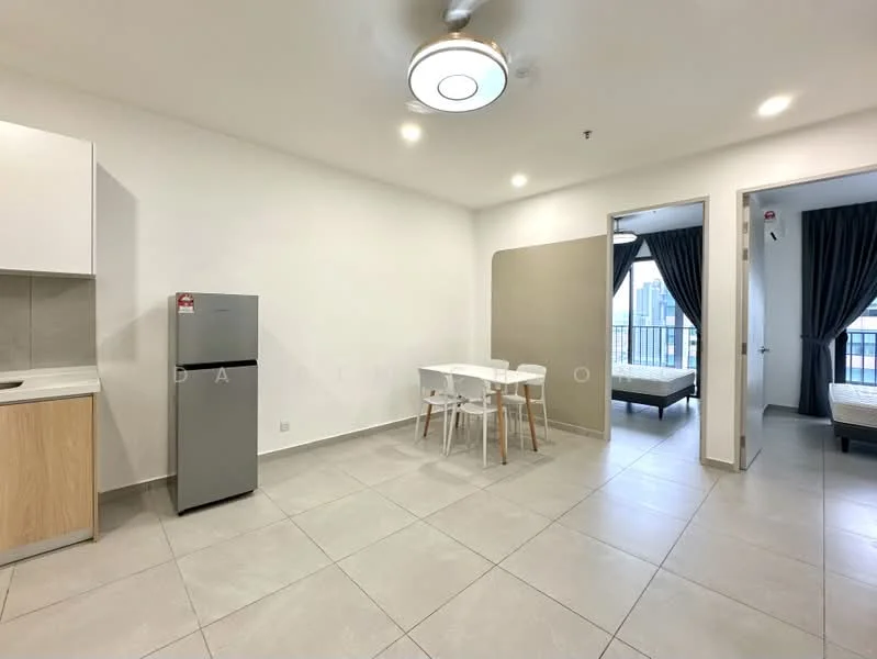 Living features: grey ceramic tile flooring, white painted walls, recessed ceiling lights, 5-blade ceiling fan with light, dining table for four, white plastic dining chairs, stainless-steel fridge, open layout, large windows with dark curtains; style: modern; view: city. Bedroom features: queen-size bed, bedside table, dark curtains, wooden bed frame; style: modern.