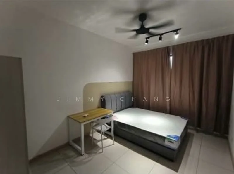 Bedroom features: queen-size bed, upholstered headboard, ceiling fan with integrated LED light, wooden flooring, brown curtains, wall-mounted light fixture, study desk, white chair; style: modern.
