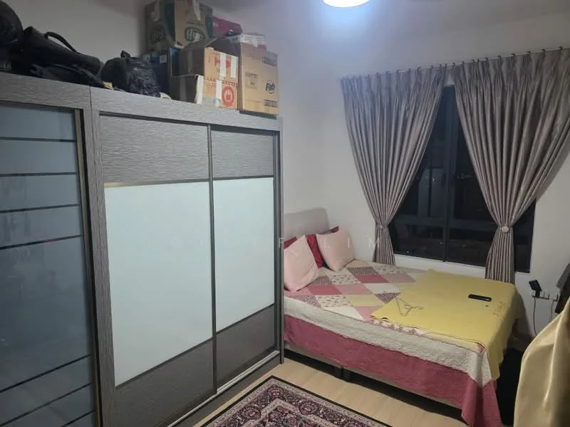 Bedroom features: queen-size bed with pink and yellow bedding, upholstered headboard, two bedside pillows, built-in wardrobe with sliding doors, wooden flooring, curtains in light grey, decorative area rug with intricate pattern, window with city view, ceiling light fixture; style: modern; view: city.
