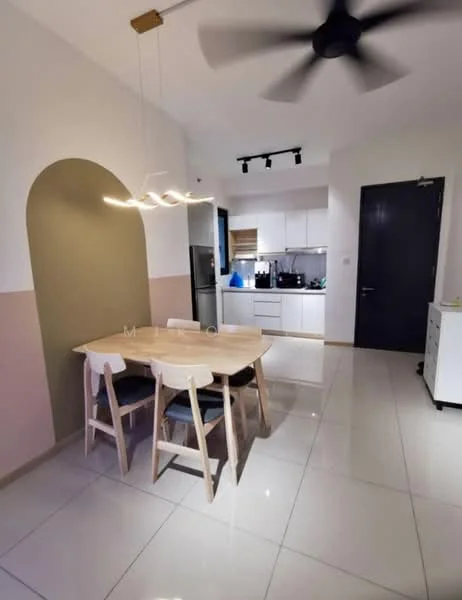 Dining features: dining table with wooden surface, 4 wooden dining chairs, pendant light fixture, white walls, grey accent wall, recessed lighting, ceramic tile flooring, open kitchen layout, kitchen cabinets, stainless-steel fridge, black countertop, black kitchen appliances, ceiling fan; style: modern.