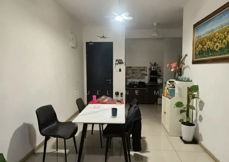 Dining features: white painted walls, tile flooring, 5-blade ceiling fan with light, dining table with marble top, 4 black dining chairs, decorative wall art, potted plant, sideboard cabinet, kitchen area visible in background; style: modern.