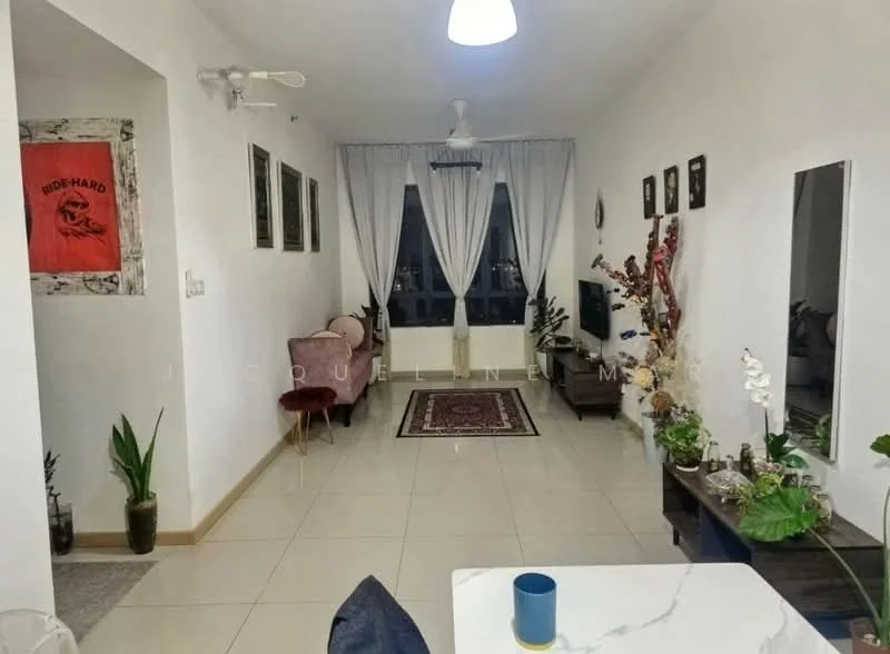 Living features: white painted walls, tile flooring, 5-blade ceiling fan with light, sofa in light pink fabric, coffee table, TV console, wall-mounted TV, area rug with geometric pattern, decorative plants, framed artwork, curtains, mirror; style: modern. Room features: white painted walls, tile flooring, decorative plants, framed artwork.