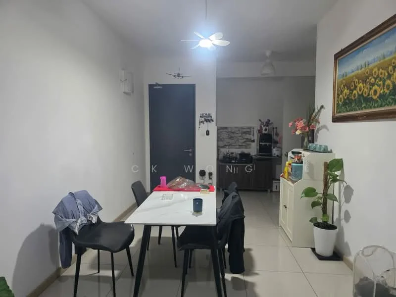 Dining features: white painted walls, tile flooring, ceiling fan, dining table with four black chairs, decorative wall art, potted plant, white cabinet, kitchen area visible in background; style: modern.