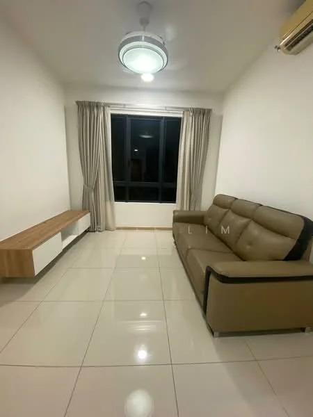 Living features: cream painted walls, white ceiling, recessed downlights, large window with city view, curtains, light-colored floor tiles, 3-seater leather sofa in beige, wooden TV console, wall-mounted air conditioning unit; style: modern; view: city.