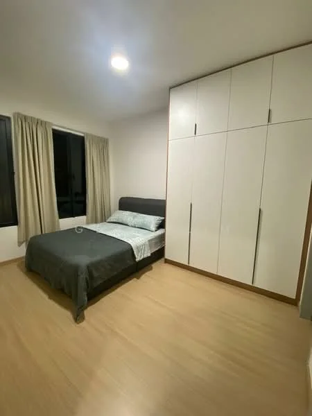 Bedroom features: queen-size bed with grey bedding, upholstered headboard, built-in wardrobe with white doors, wooden flooring, floor-to-ceiling windows, sheer curtains, recessed ceiling lights; style: modern.