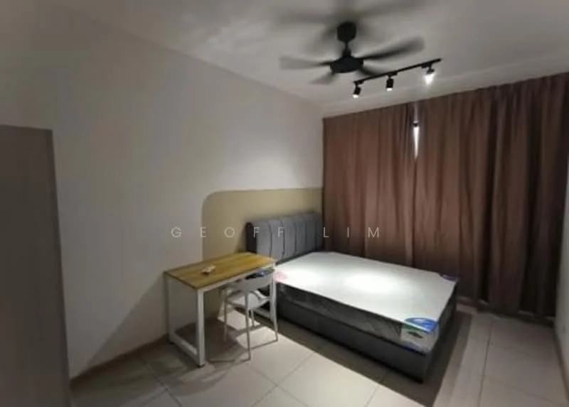 Bedroom features: queen-size bed, upholstered headboard, ceiling fan with integrated LED light, wooden side table, white painted walls, brown curtain, tile flooring, track lighting; style: modern.