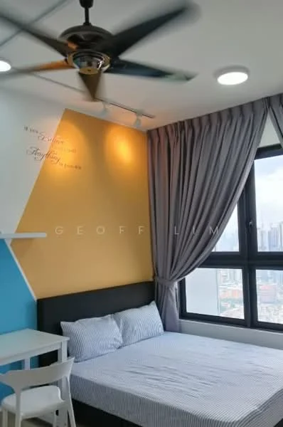 Bedroom features: queen-size bed with striped bedding, upholstered headboard, ceiling fan with 5 blades, floor-to-ceiling windows, grey curtains, accent wall in yellow, accent wall in blue, white walls, small white table, chair, decorative wall text; style: modern; view: city.