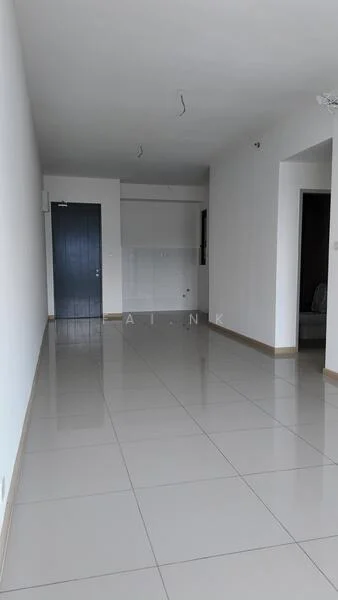 Room features: white painted walls, glossy ceramic tile flooring, recessed downlights, single door, large window, neutral color scheme, open layout, no visible furniture; style: modern.