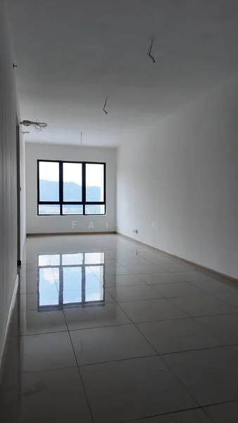 Room features: white painted walls, glossy tile flooring, floor-to-ceiling windows, mountain view, ceiling lights, no visible furniture, neutral color scheme, smooth ceiling; style: modern; view: mountain.