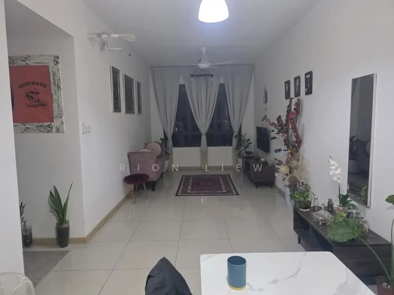 Living features: white painted walls, glossy tile flooring, 5-blade ceiling fan with light, floor-to-ceiling windows, sheer curtains, area rug with geometric pattern, sofa in light fabric, coffee table, TV console, decorative plants, framed artwork, wall-mounted mirror; style: modern; view: city.