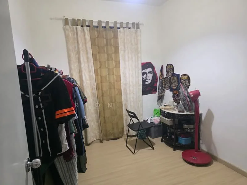 Room features: white painted walls, light wood flooring, curtains with geometric pattern, clothes rack with hanging clothes, small round table, chair, red floor lamp, wall art, decorative masks; style: minimalist.