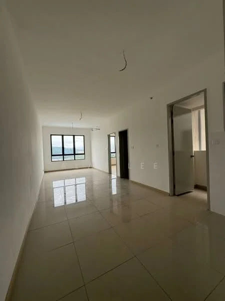 Room features: white painted walls, glossy ceramic tile flooring, large floor-to-ceiling windows, neutral ceiling, doorway leading to another room, two visible electrical outlets, natural light from windows, minimalist design; style: modern; view: city.