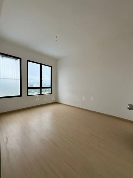 Room features: white painted walls, laminate flooring, floor-to-ceiling windows, black window frames, no visible ceiling fixtures, neutral color scheme; style: modern; view: city.