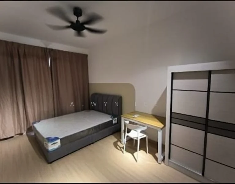 Bedroom features: queen-size bed, upholstered headboard, ceiling fan, wooden flooring, brown curtains, study desk, white chair, built-in wardrobe with sliding doors; style: modern.