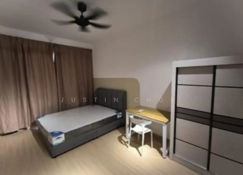 Bedroom features: queen-size bed, upholstered headboard, wooden flooring, 5-blade ceiling fan, brown curtains, white desk, white chair, built-in wardrobe with sliding doors; style: modern.